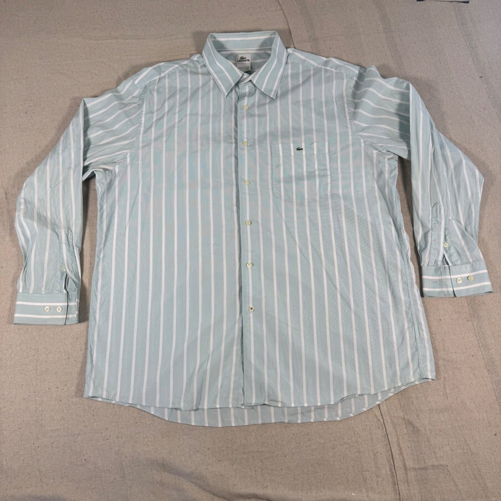 Lacoste Button Down Shirt Mens 46 XL Green White Striped Long Sleeve Excellent